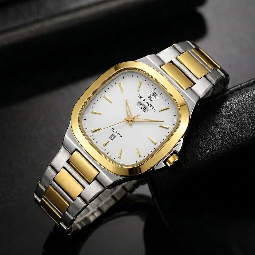 True Worth Premium Day-Date Watch | Two-Tone Stainless Steel Men's Timepiece