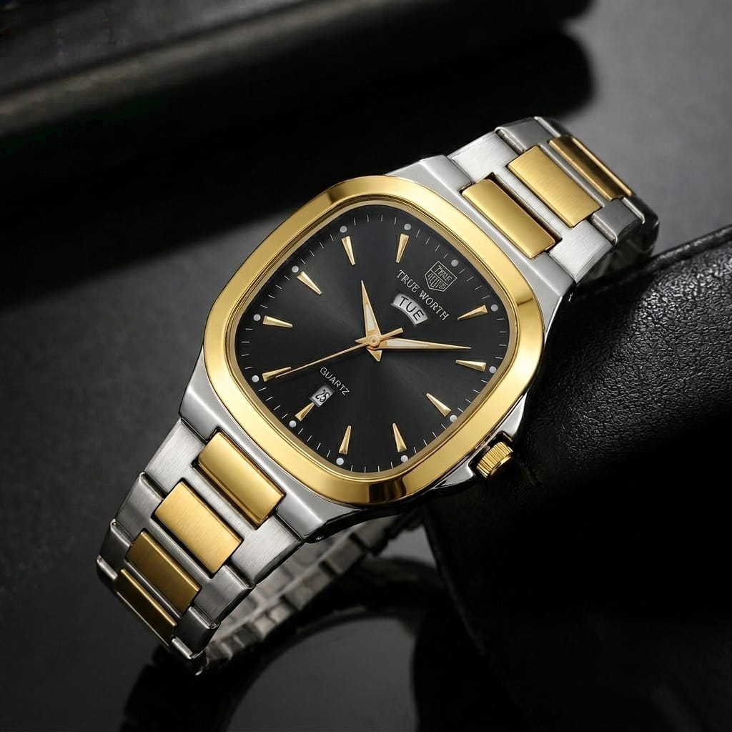 True Worth Premium Day-Date Watch | Two-Tone Stainless Steel Men's Timepiece