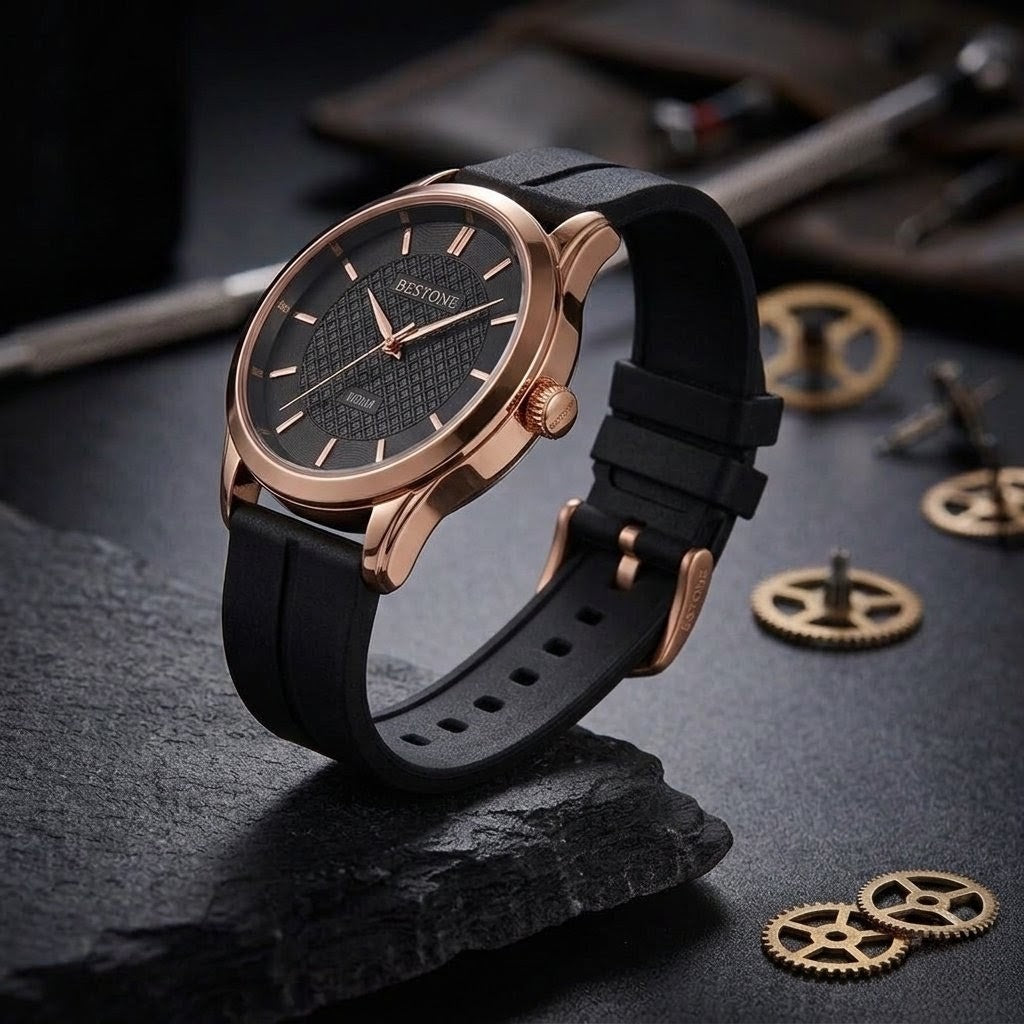 BESTONE Premium Men's Quartz Watch – Textured Black Dial & Rose Gold Case with Magnetic Silicone Strap | Casual & Everyday Wear