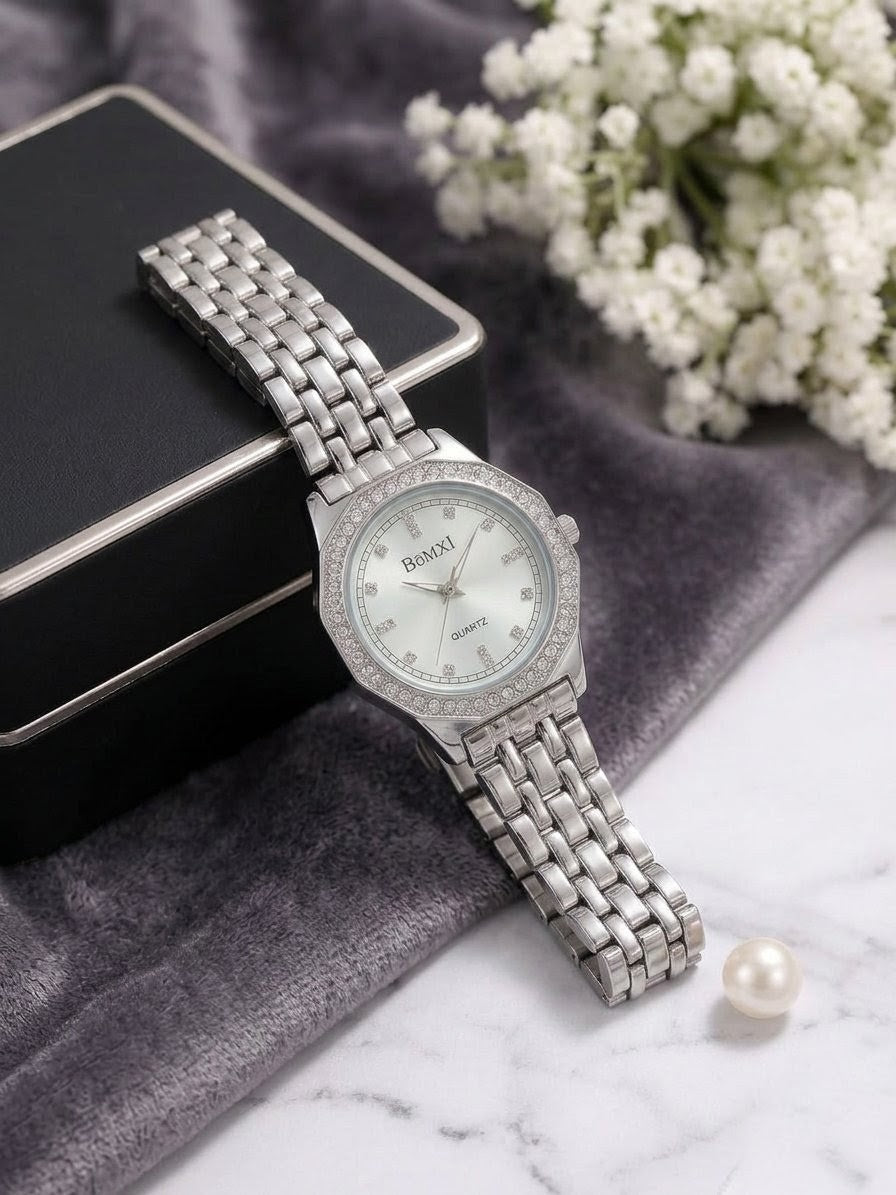BOMEI Sparkling Solitaire Dress Watch – Silver Dial with Crystal Embellishments