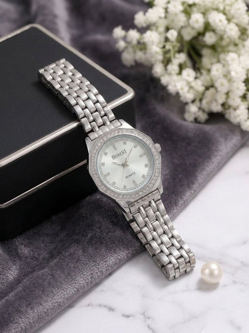 BOMEI Sparkling Solitaire Dress Watch – Silver Dial with Crystal Embellishments