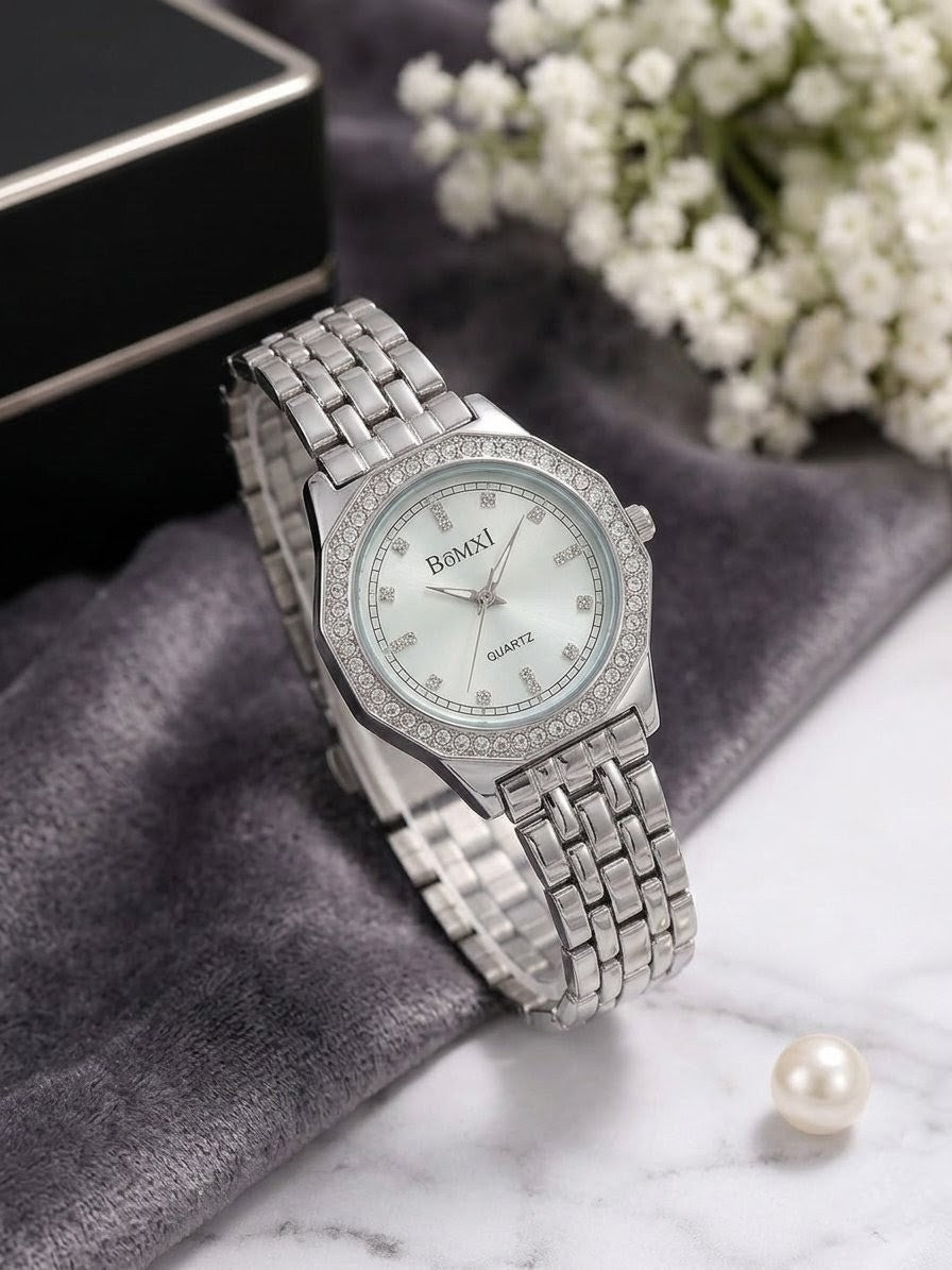 BOMEI Sparkling Solitaire Dress Watch – Silver Dial with Crystal Embellishments