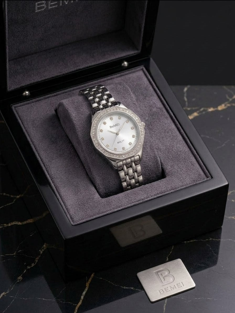BOMEI Sparkling Solitaire Dress Watch – Silver Dial with Crystal Embellishments