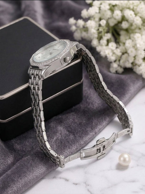BOMEI Sparkling Solitaire Dress Watch – Silver Dial with Crystal Embellishments