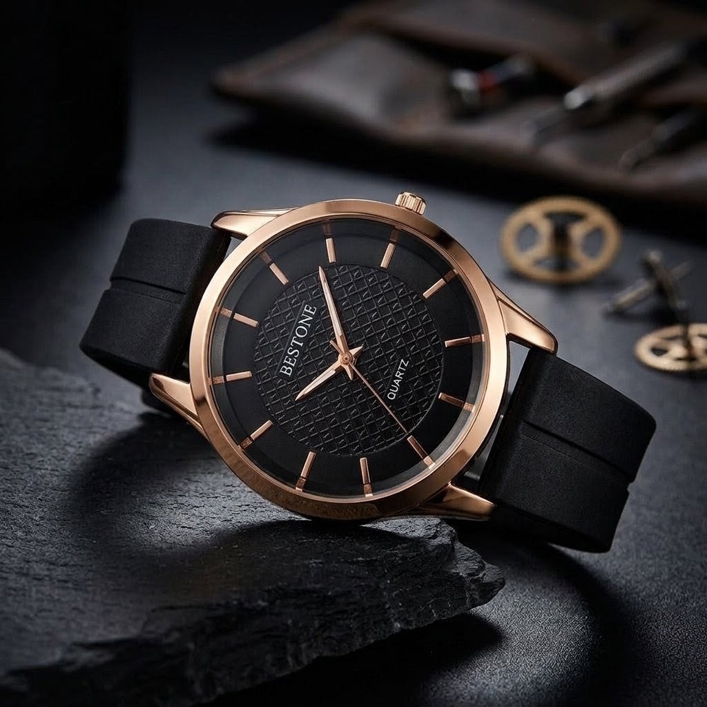 BESTONE Premium Men's Quartz Watch – Textured Black Dial & Rose Gold Case with Magnetic Silicone Strap | Casual & Everyday Wear